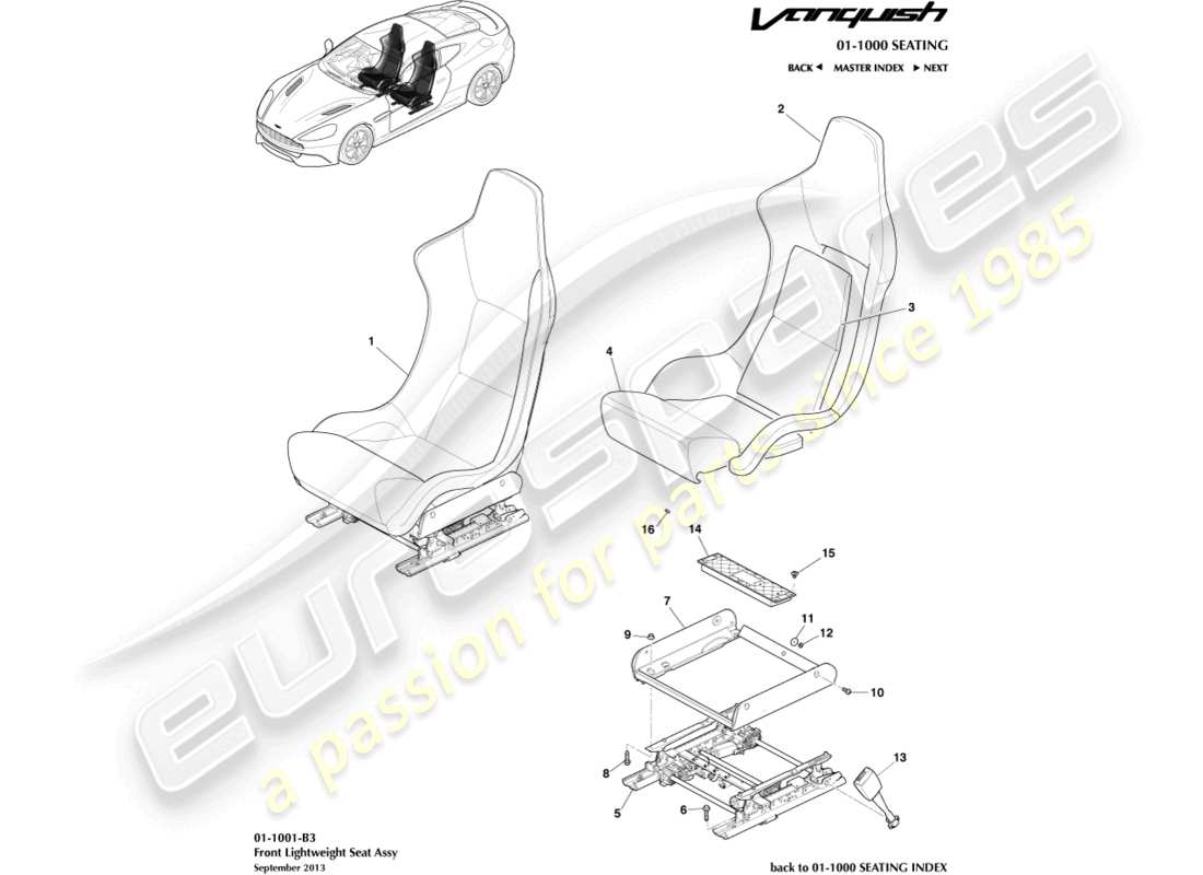 aston martin vanquish (2017) diagramma delle parti dei sedili anteriori leggeri