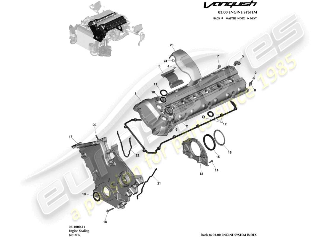 aston martin vanquish (2017) diagramma delle parti di tenuta del motore