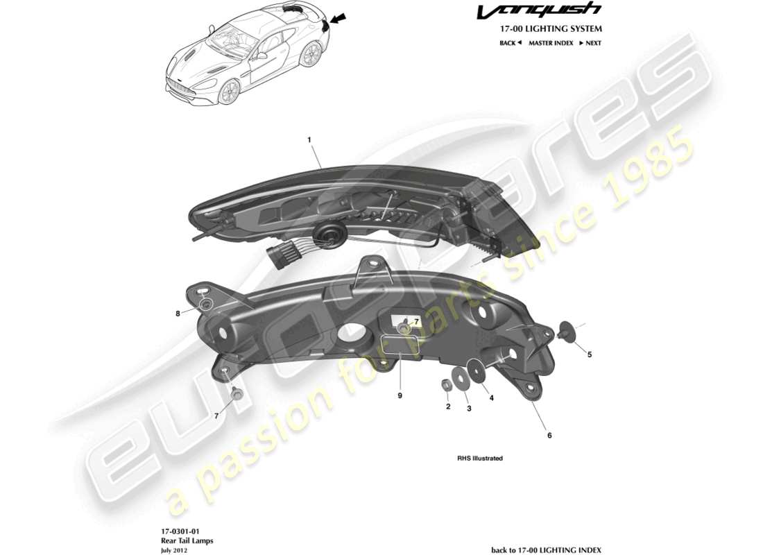 aston martin vanquish (2017) luci posteriori diagramma delle parti