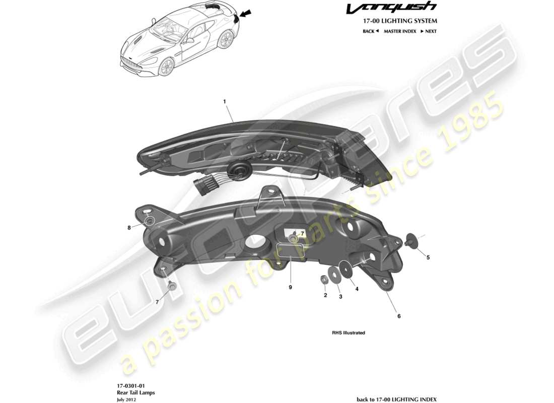 aston martin vanquish (2017) diagramma delle parti delle luci posteriori