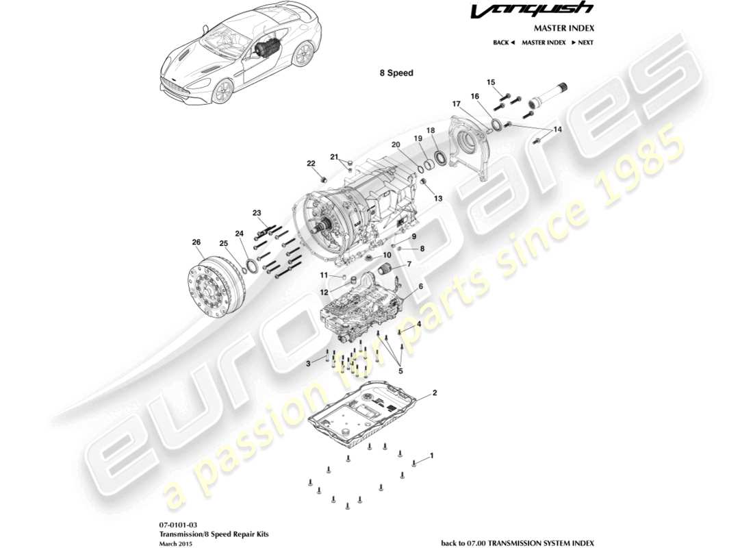 aston martin vanquish (2017) kit di trasmissione, diagramma delle parti 8 spd