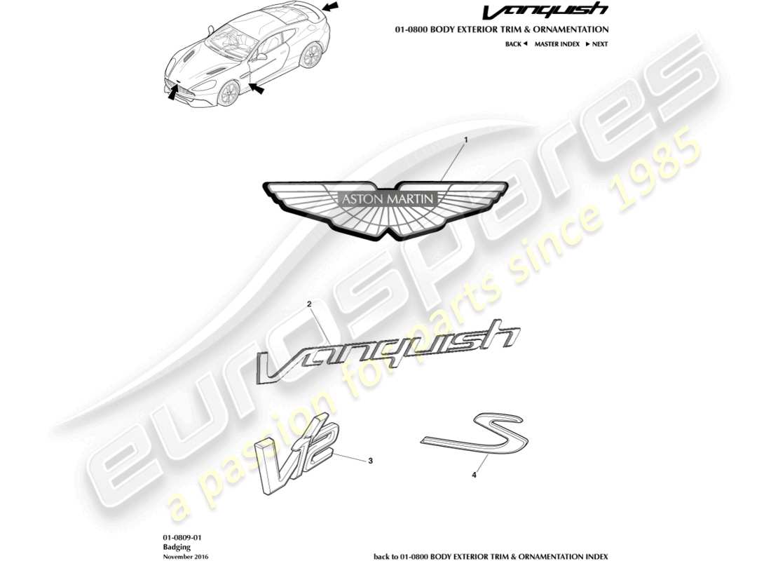 aston martin vanquish (2017) diagramma delle parti del badge