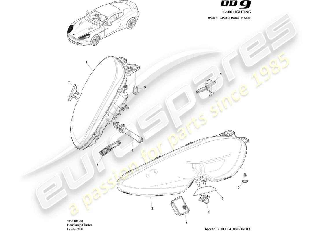 aston martin db9 (2014) diagramma delle parti dei fari