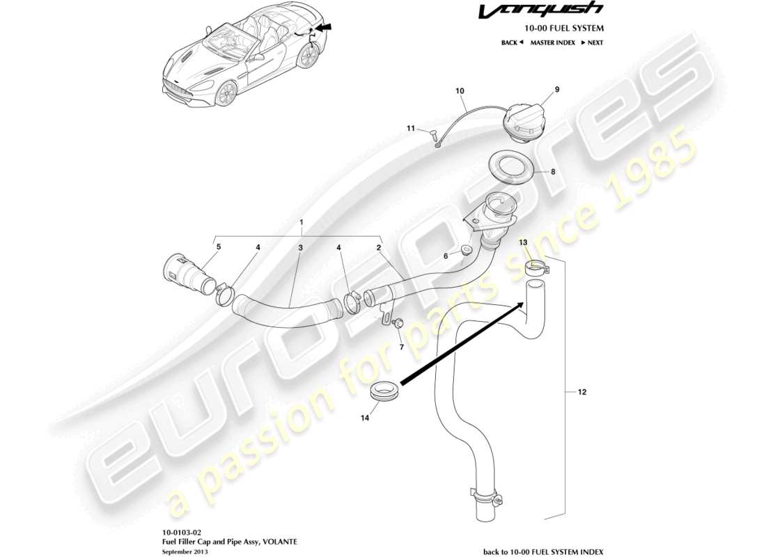 aston martin vanquish (2017) gruppo bocchettone di rifornimento carburante, diagramma delle parti volante