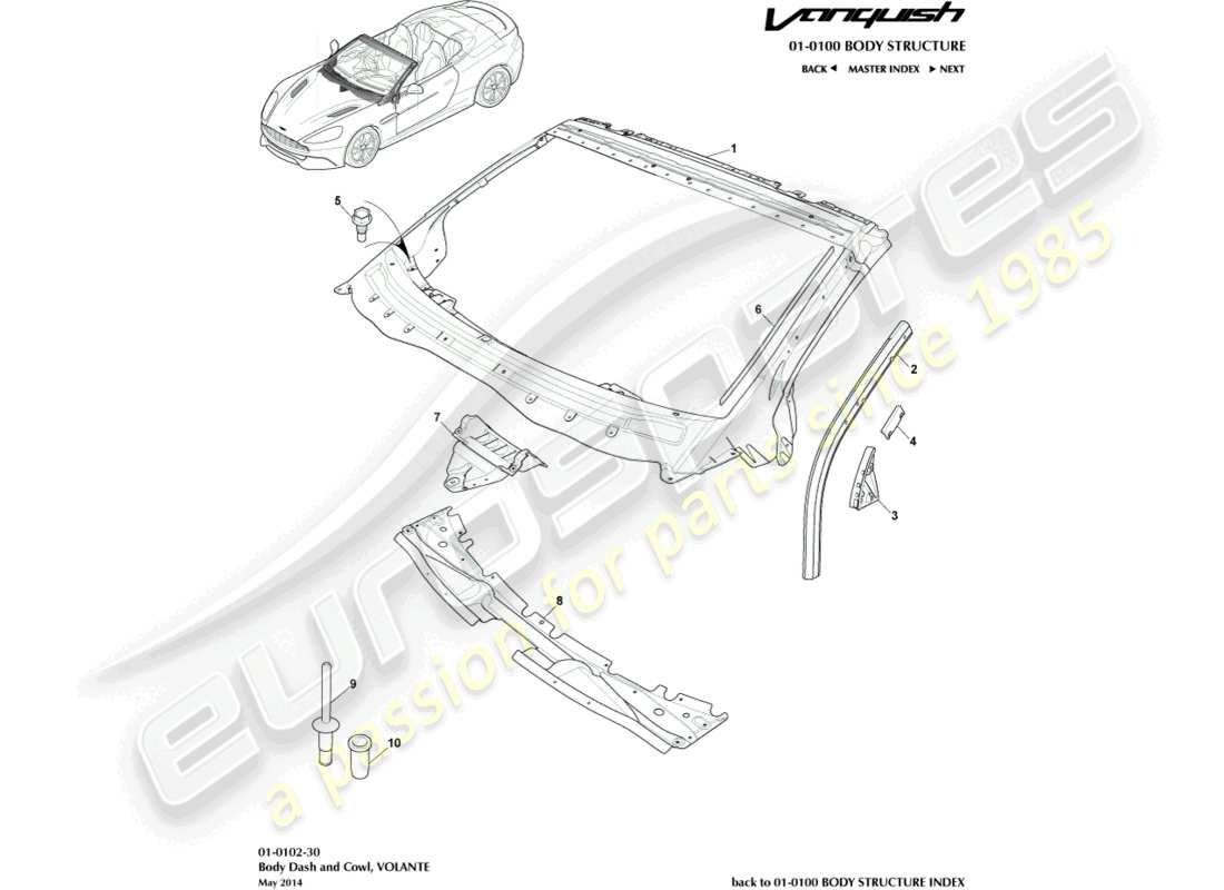 aston martin vanquish (2017) cruscotto e cappuccio del corpo, diagramma delle parti del volante