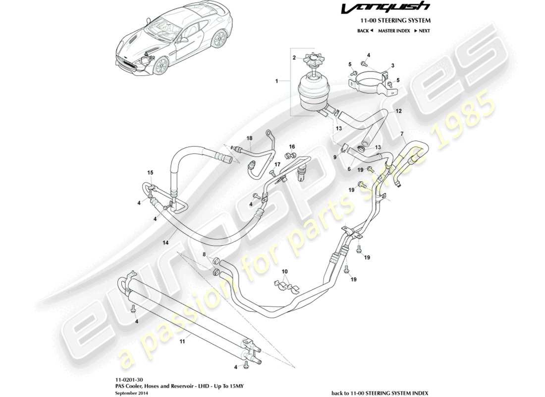 aston martin vanquish (2017) tubi pas, diagramma delle parti da guida a sinistra a 15my