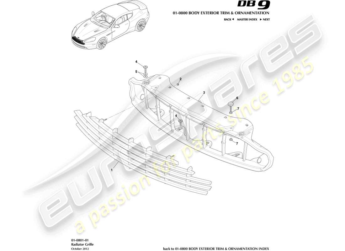 aston martin db9 (2014) diagramma delle parti della griglia del radiatore