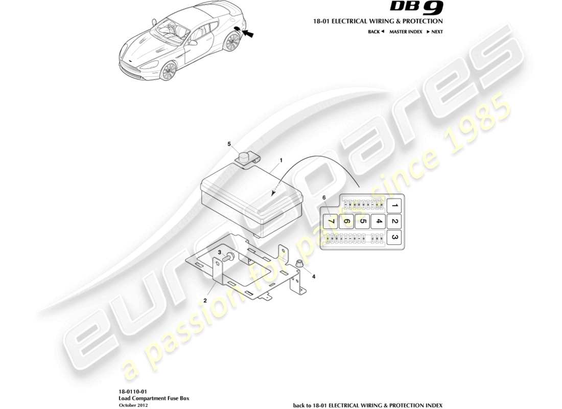 aston martin db9 (2014) diagramma delle parti della scatola fusibili del vano di carico