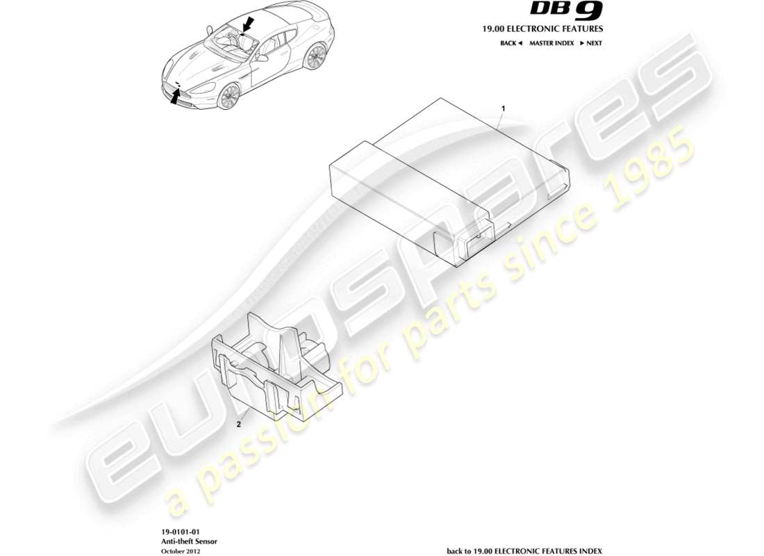 aston martin db9 (2014) diagramma delle parti dei sensori di allarme