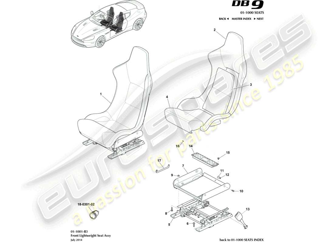 aston martin db9 (2016) diagramma delle parti dei sedili anteriori leggeri