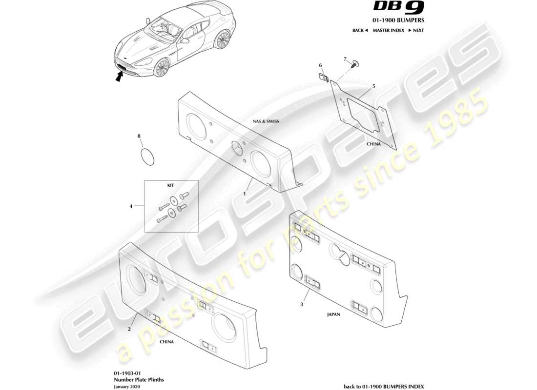 aston martin db9 (2016) diagramma delle parti dei plinti della targa