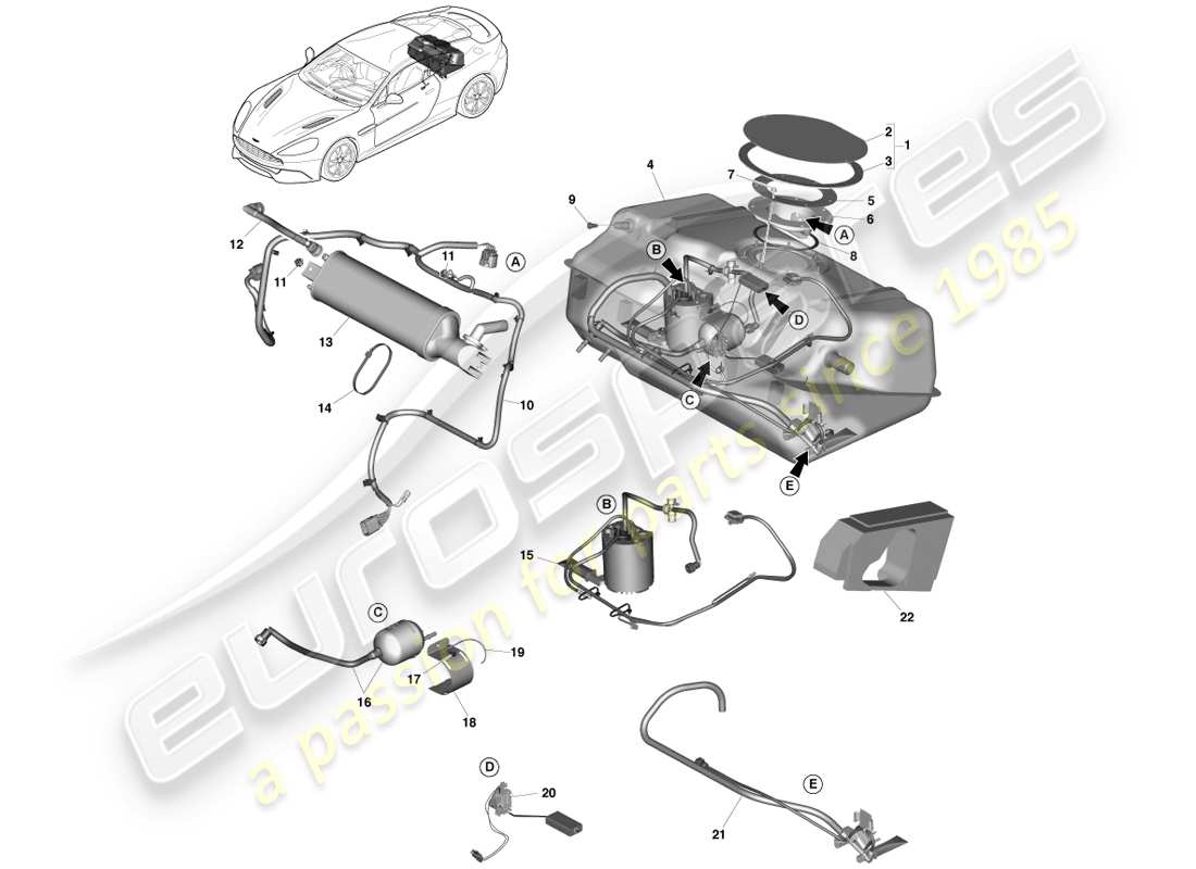 aston martin vanquish (2013) complessivo serbatoio carburante diagramma delle parti