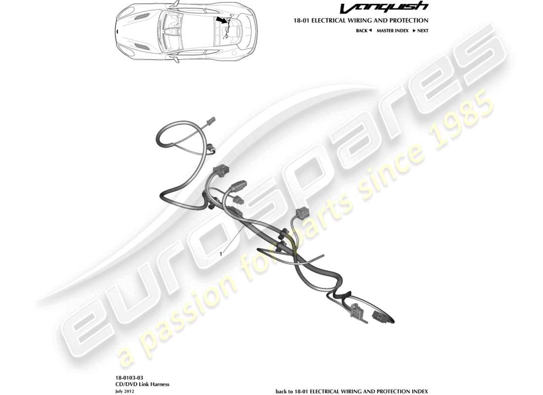 aston martin vanquish (2017) schema delle parti del cablaggio di collegamento cd/dvd