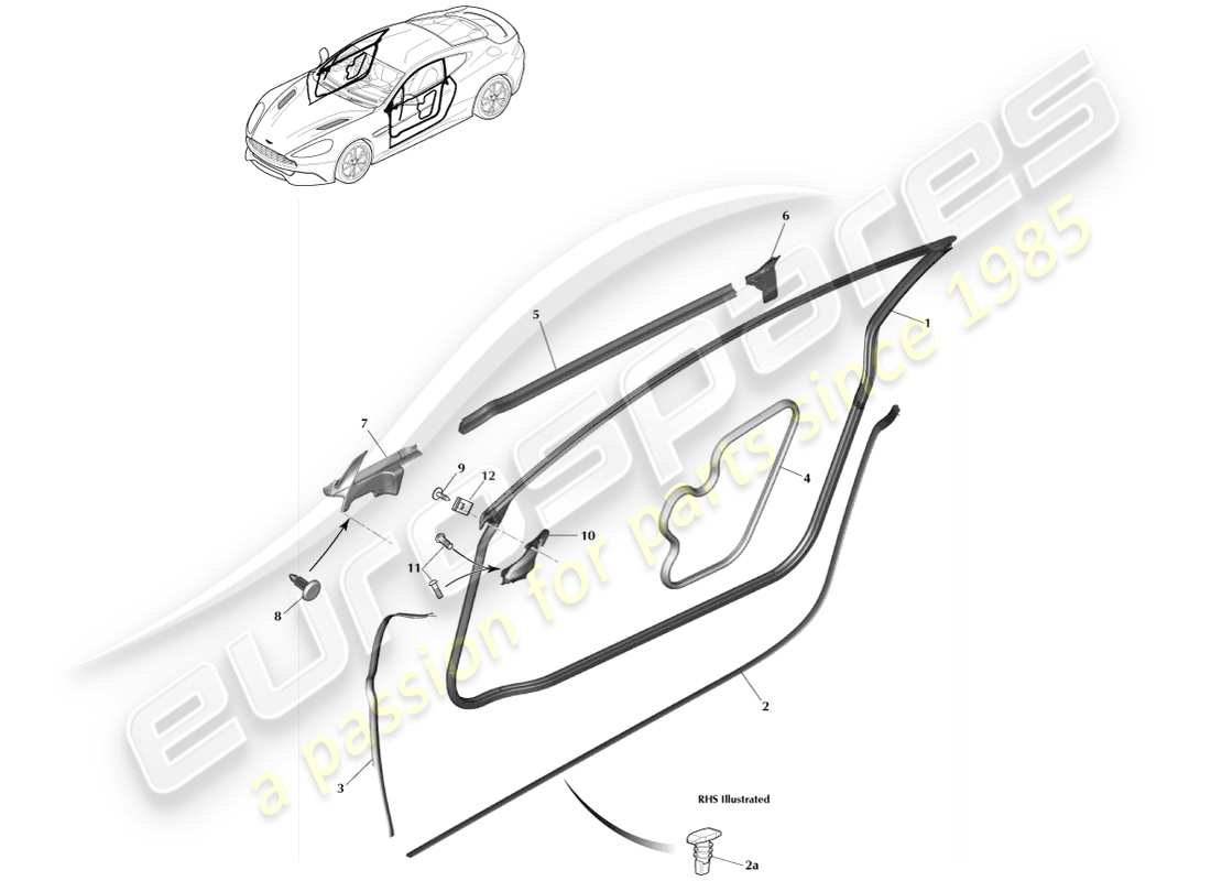 aston martin vanquish (2013) guarnizioni per portiere, diagramma delle parti della coupé