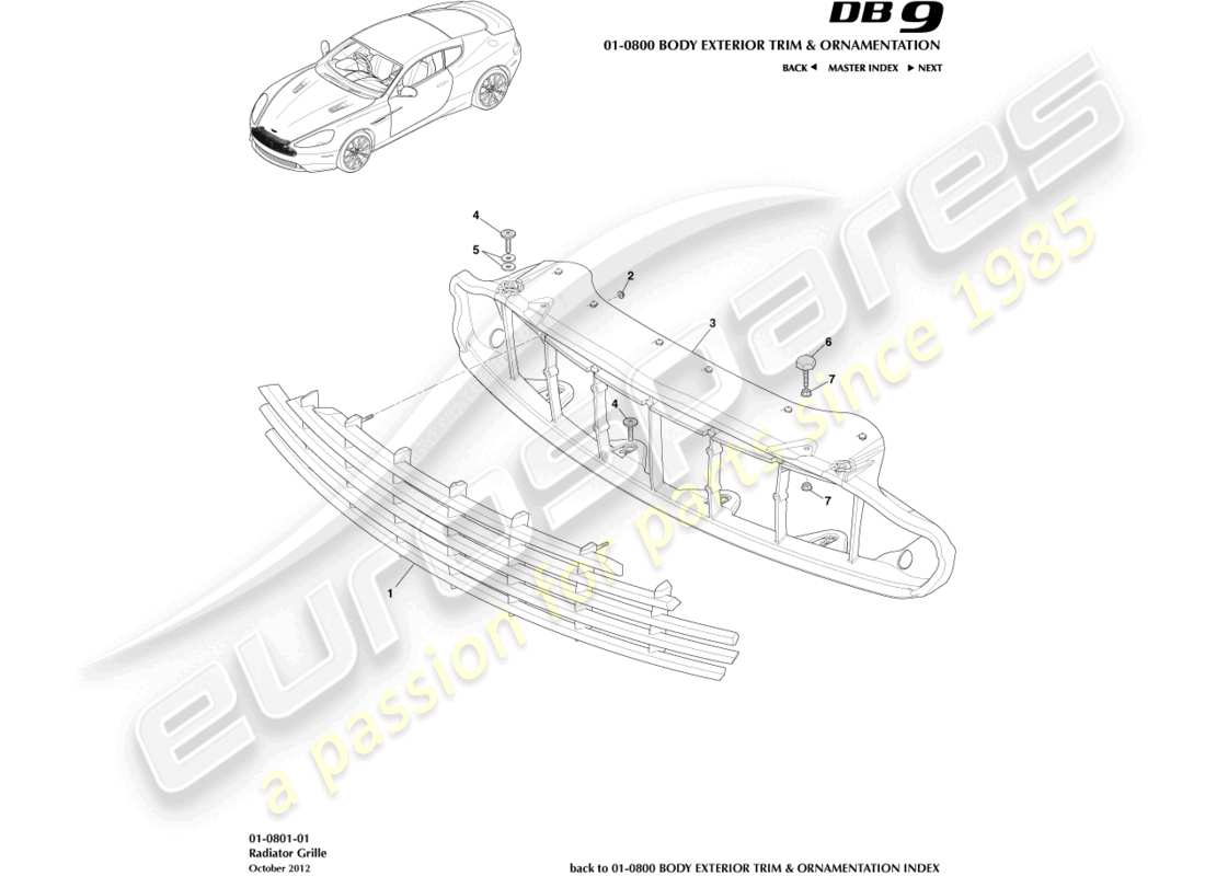 aston martin db9 (2015) griglia del radiatore diagramma delle parti