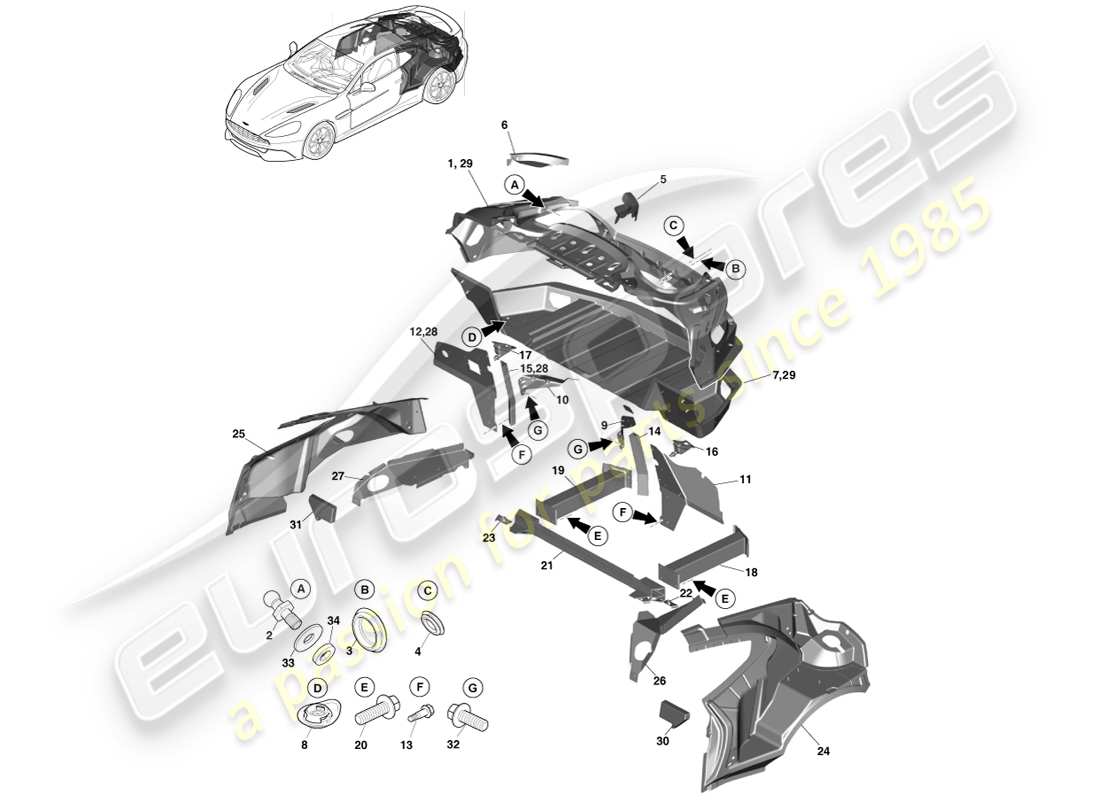aston martin vanquish (2013) parte posteriore della carrozzeria, coupé diagramma delle parti