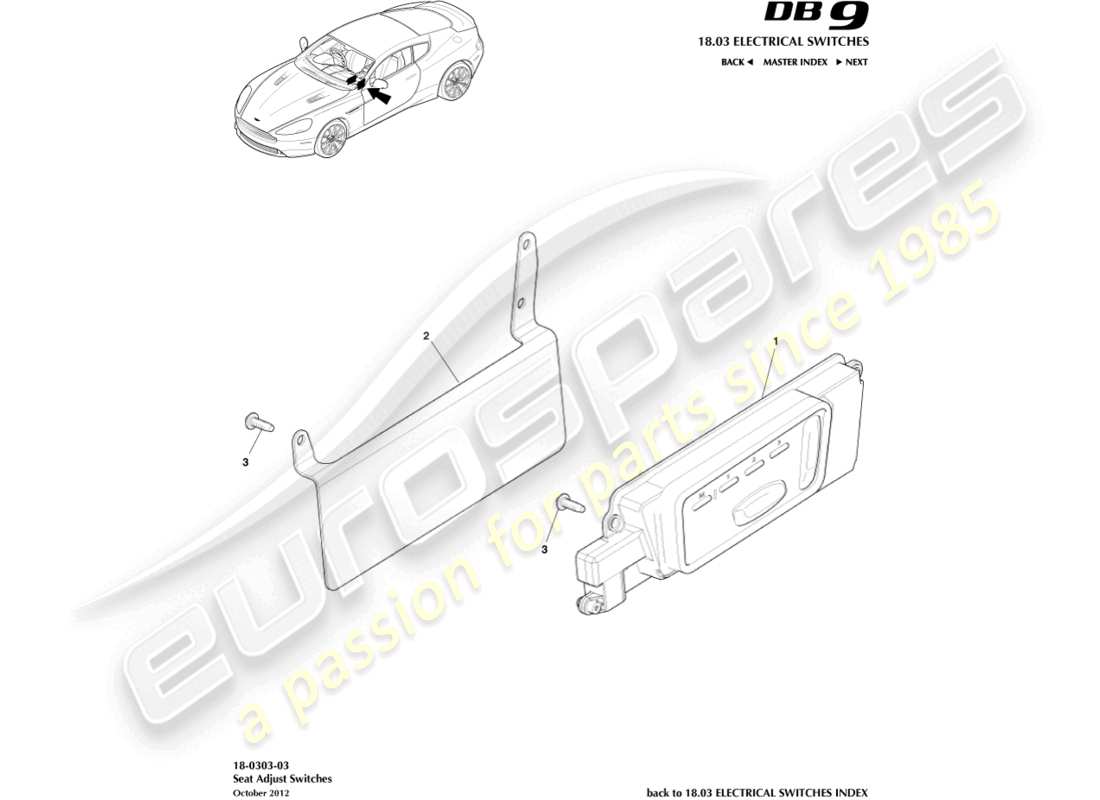 aston martin db9 (2016) diagramma delle parti degli interruttori di regolazione del sedile