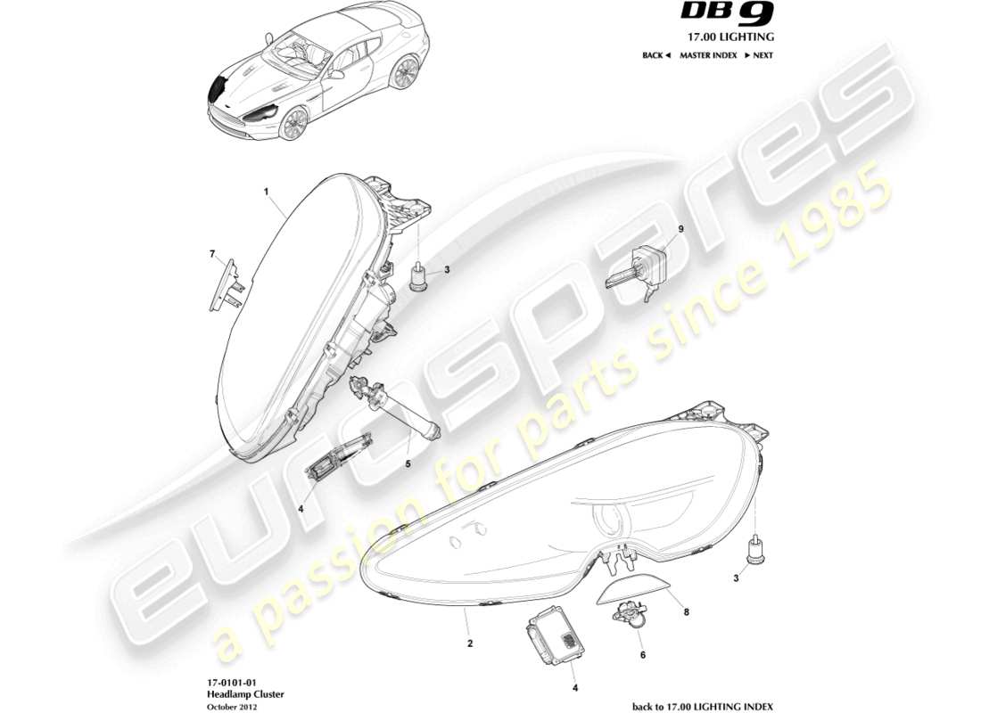 aston martin db9 (2013) diagramma delle parti dei fari