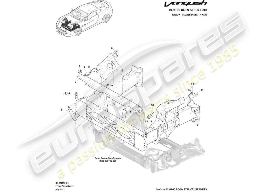 aston martin vanquish (2017) diagramma delle parti della struttura anteriore