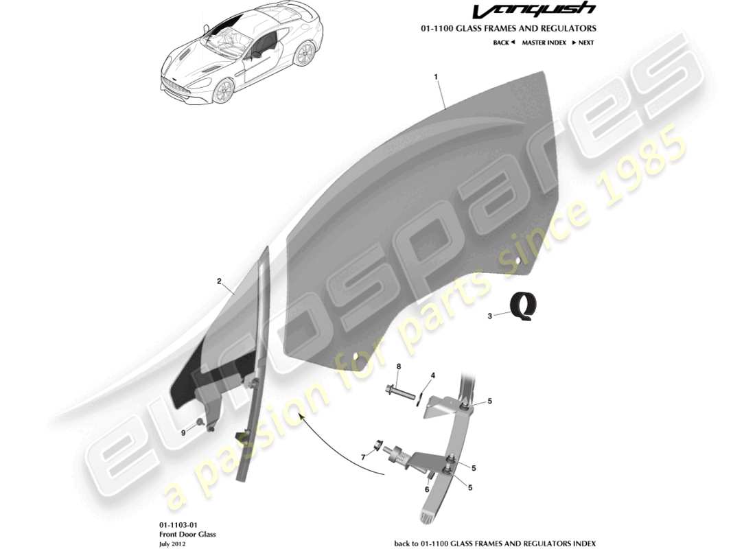 aston martin vanquish (2017) schema delle parti in vetro della porta anteriore