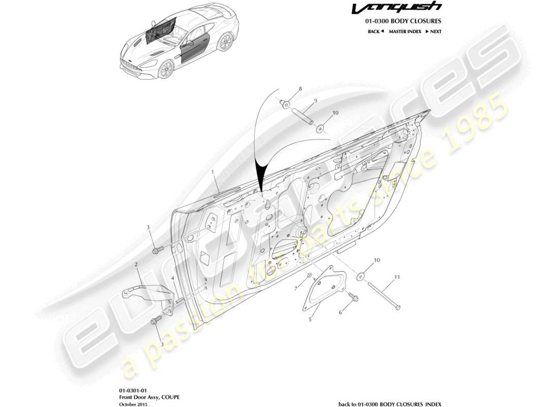 aston martin vanquish (2017) schema delle parti dell'assemblaggio della porta anteriore