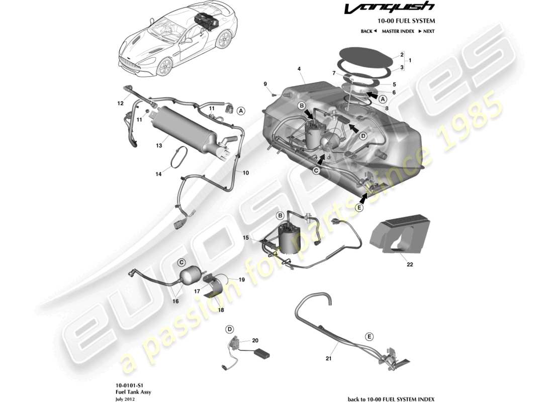 aston martin vanquish (2017) diagramma delle parti del gruppo serbatoio carburante