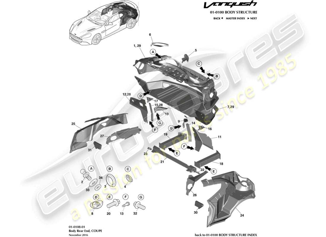 aston martin vanquish (2017) estremità posteriore del corpo, diagramma della parte coupé