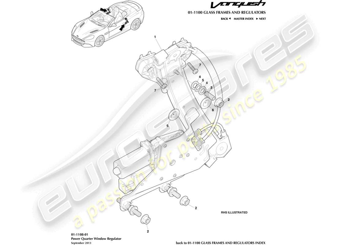 aston martin vanquish (2017) alzacristallo posteriore, schema delle parti volante