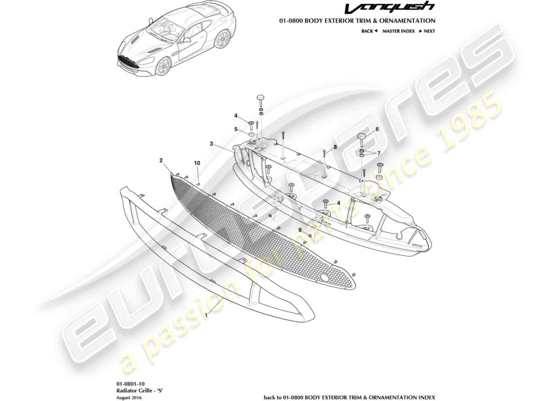 aston martin vanquish (2017) griglia del radiatore, schema delle parti s