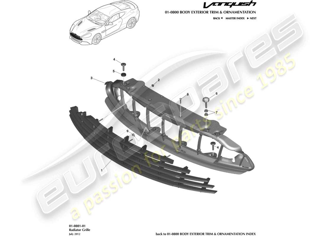 aston martin vanquish (2017) diagramma delle parti della griglia del radiatore