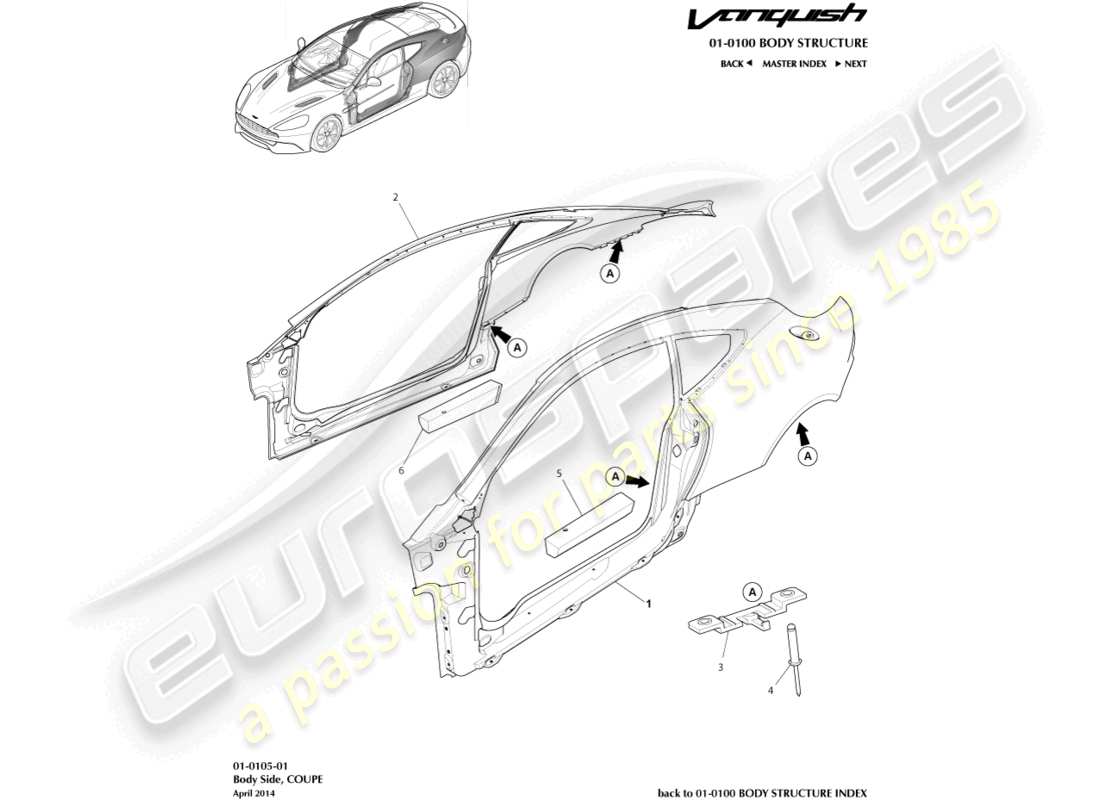 aston martin vanquish (2017) lato carrozzeria, coupé diagramma delle parti