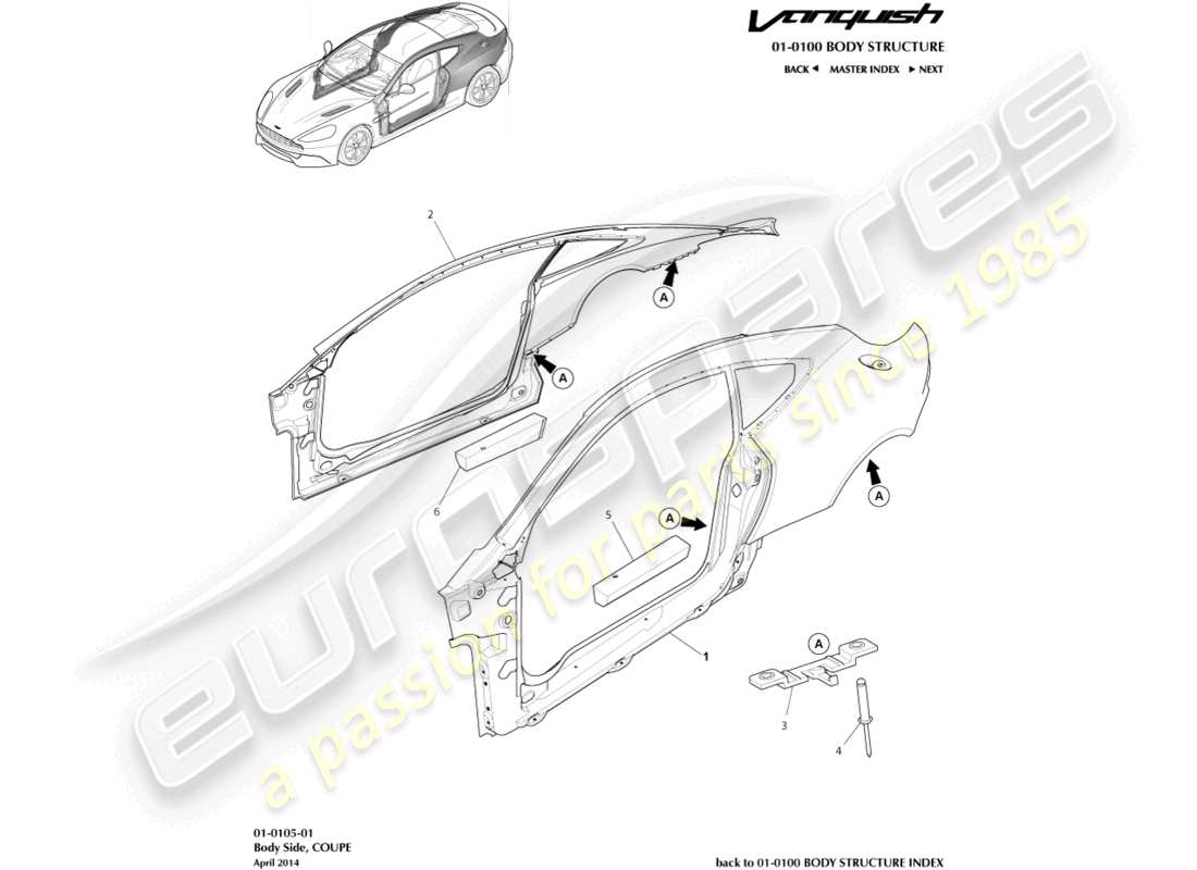 aston martin vanquish (2017) lato del corpo, diagramma delle parti del coupé