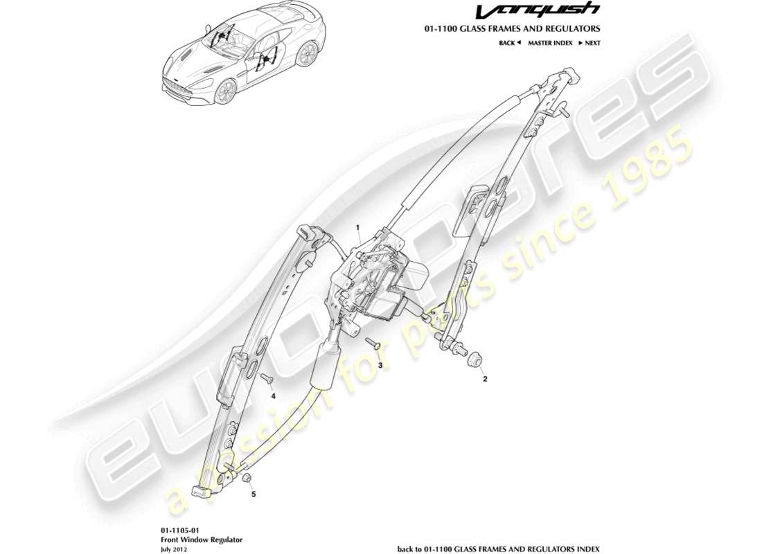 aston martin vanquish (2017) schema delle parti del regolatore del finestrino anteriore