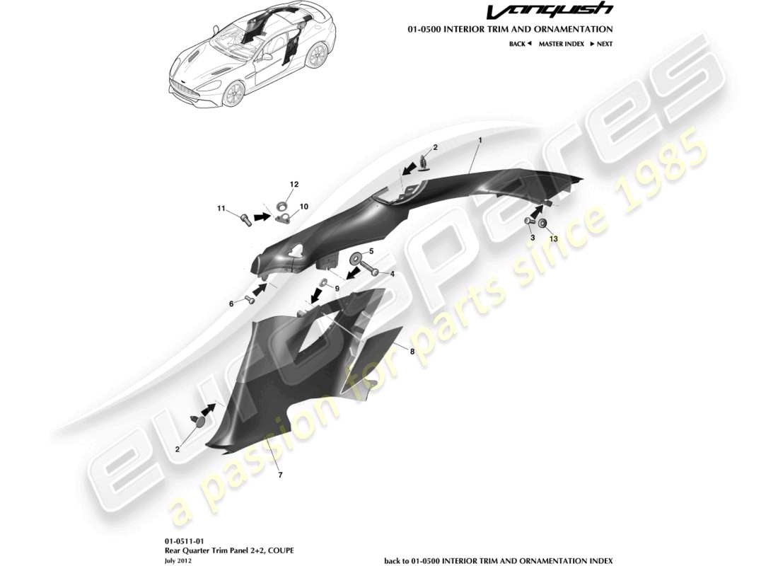 aston martin vanquish (2017) pannello di rivestimento del quarto posteriore, 2+2 diagramma delle parti del coupé
