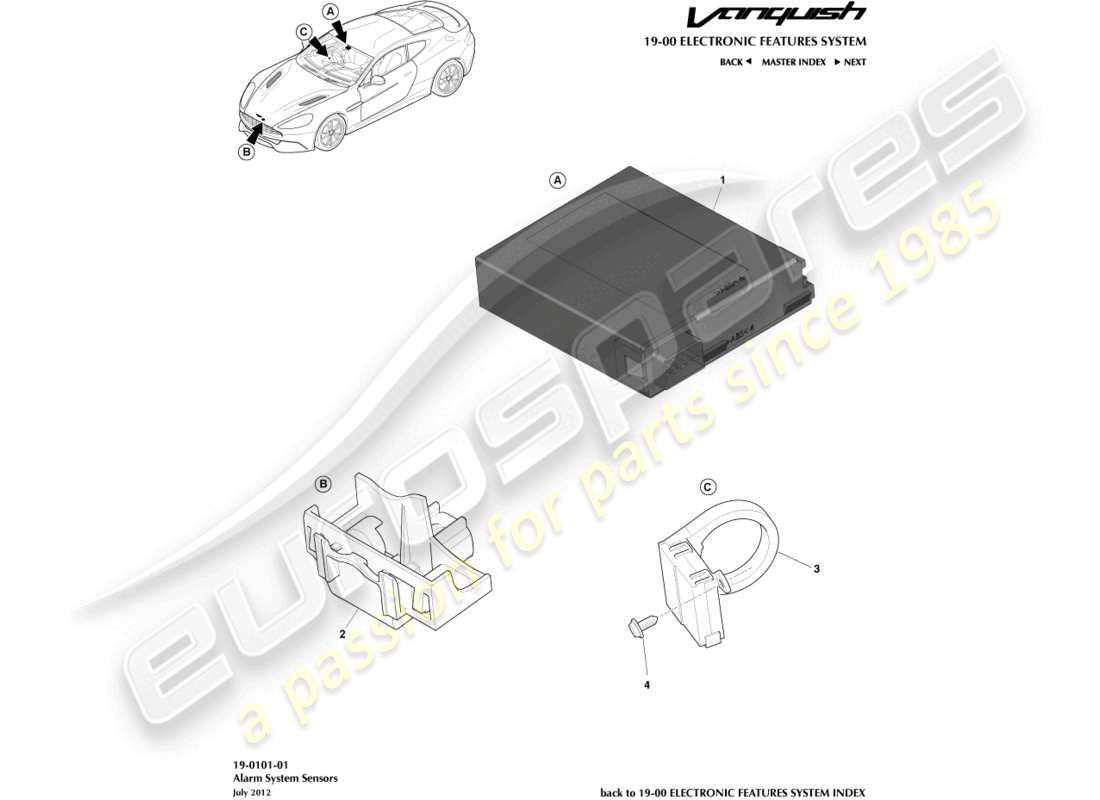 aston martin vanquish (2016) sensori di allarme diagramma delle parti