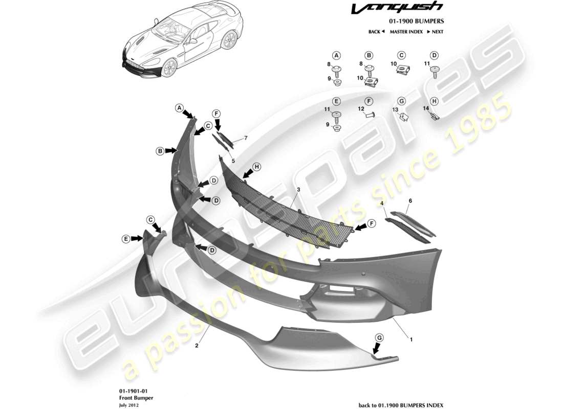 aston martin vanquish (2017) schema delle parti paraurti anteriore