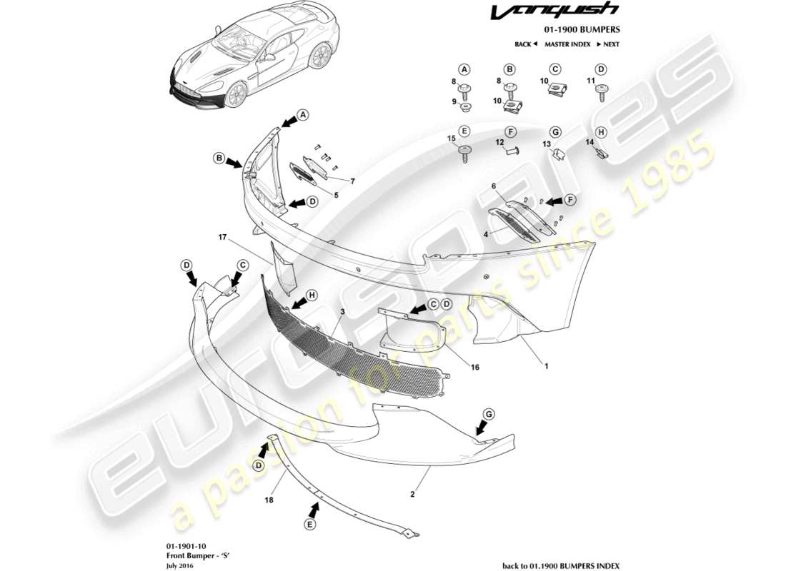 aston martin vanquish (2017) paraurti anteriore, diagramma delle parti s
