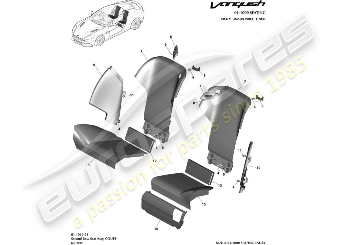 aston martin vanquish (2015) sedili posteriori, coupé diagramma delle parti