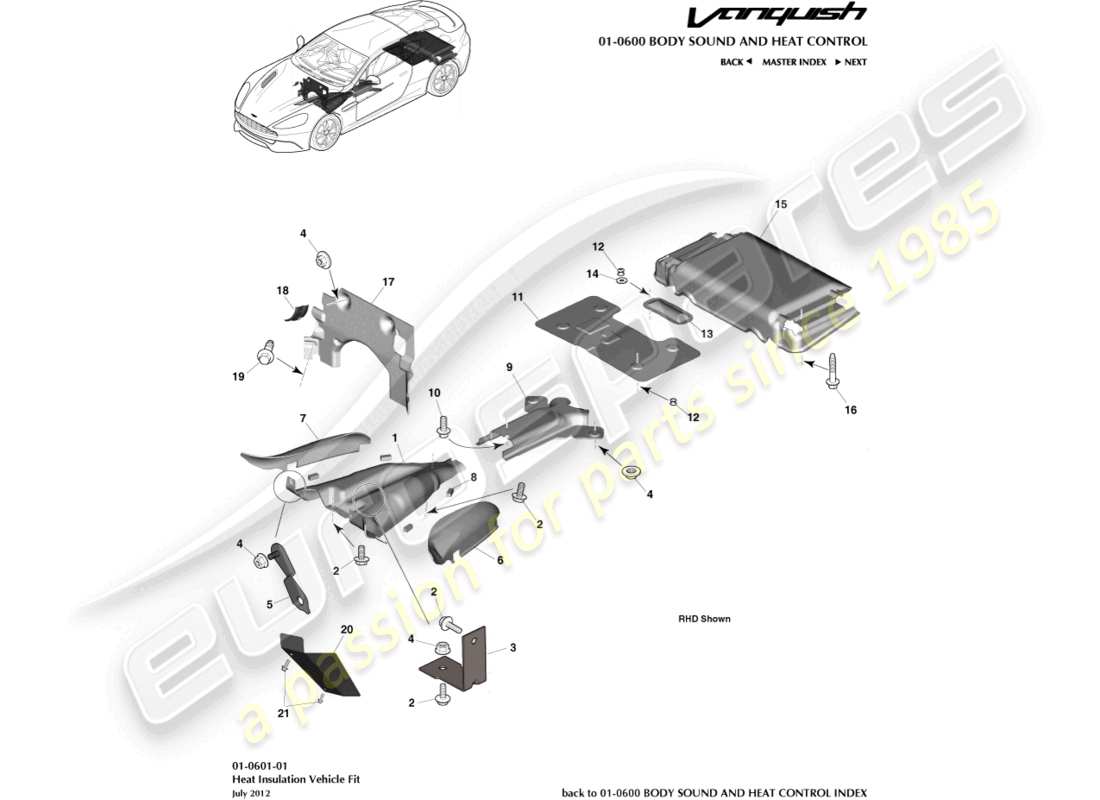 aston martin vanquish (2016) isolamento termico, adattabilità al veicolo diagramma delle parti