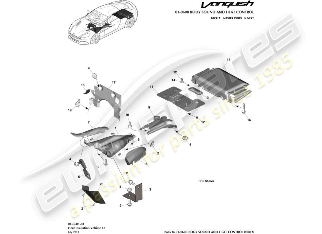 aston martin vanquish (2017) isolamento termico, schema delle parti adatte al veicolo