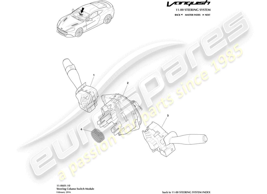 aston martin vanquish (2017) diagramma delle parti del gruppo interruttore a colonna