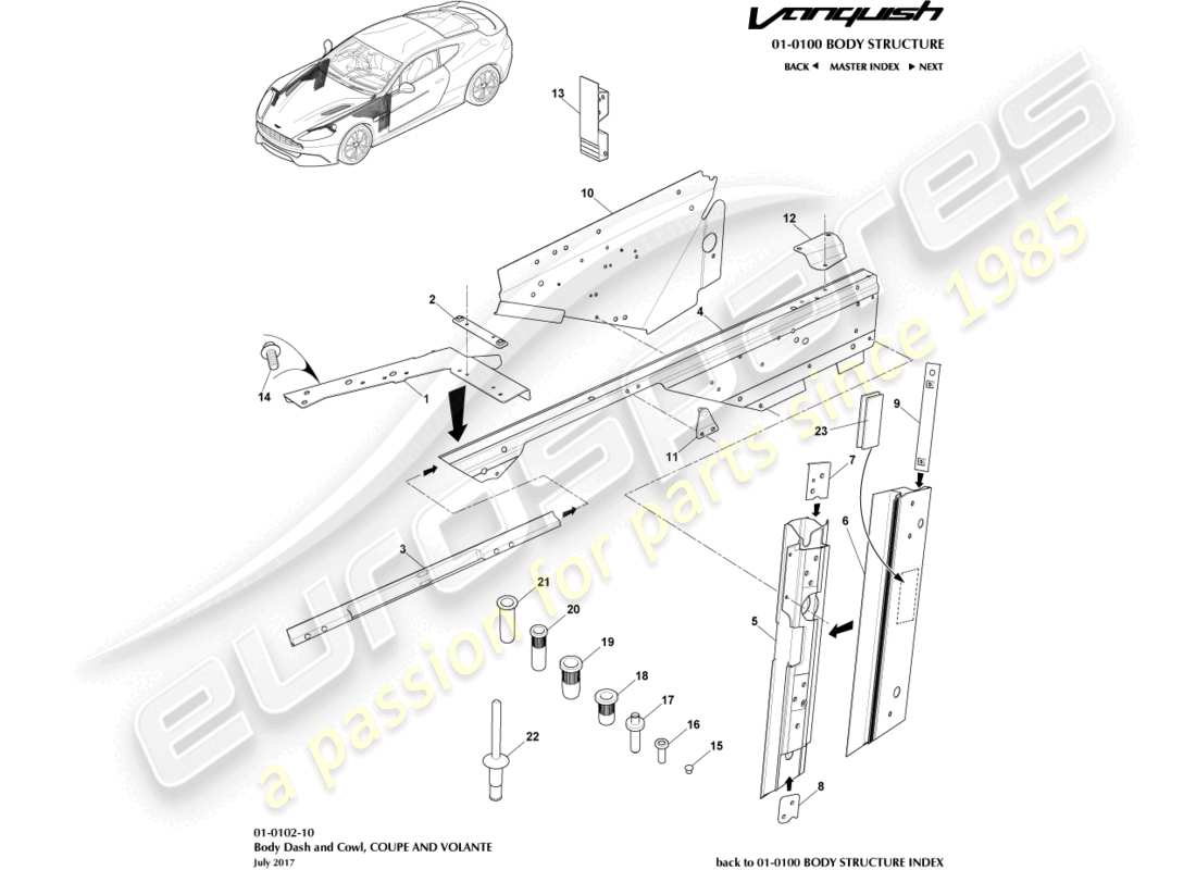 aston martin vanquish (2017) telaio della carrozzeria, anteriore diagramma delle parti