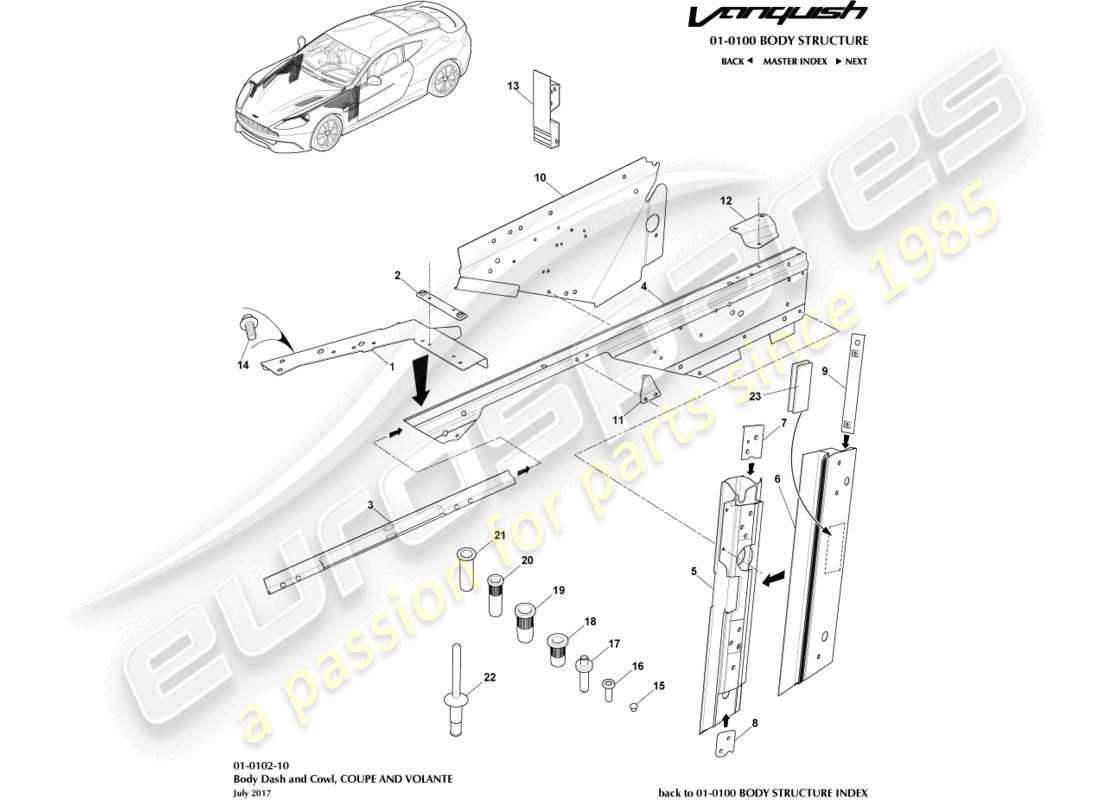 aston martin vanquish (2017) telaio della carrozzeria, diagramma della parte anteriore