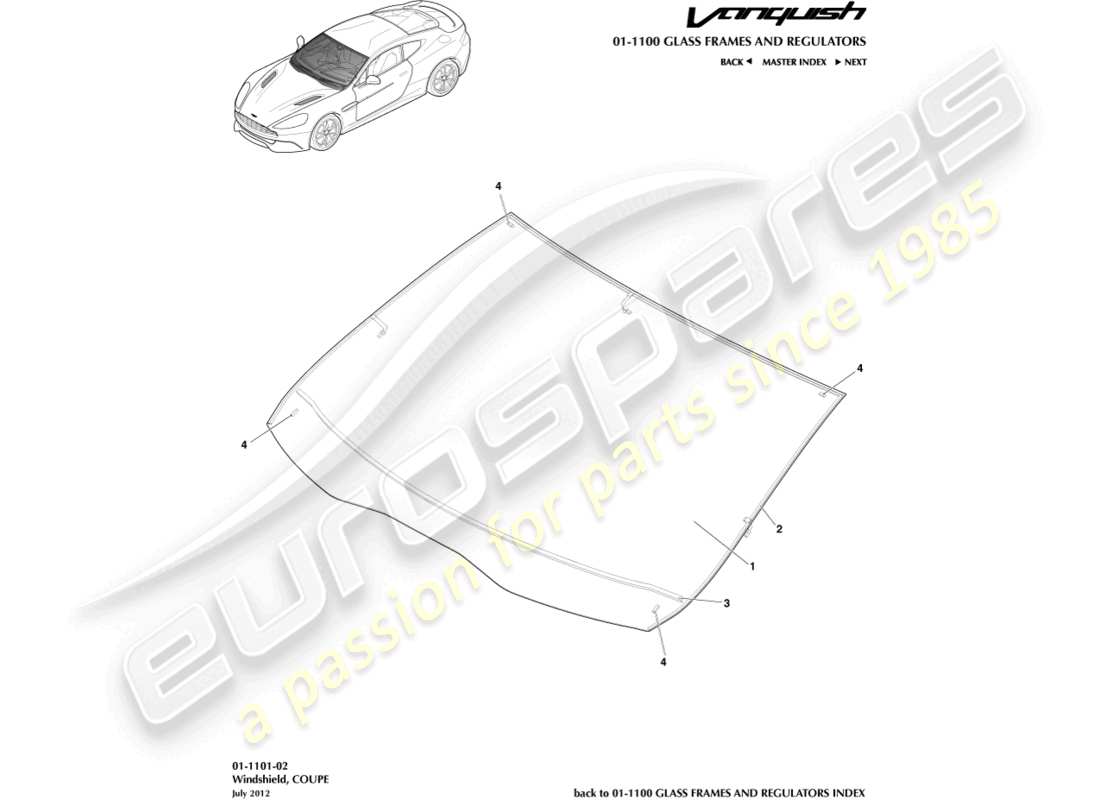 aston martin vanquish (2017) parabrezza, diagramma delle parti della coupé