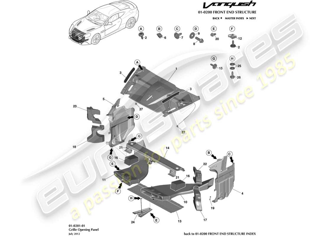 aston martin vanquish (2017) diagramma delle parti del pannello di apertura della griglia