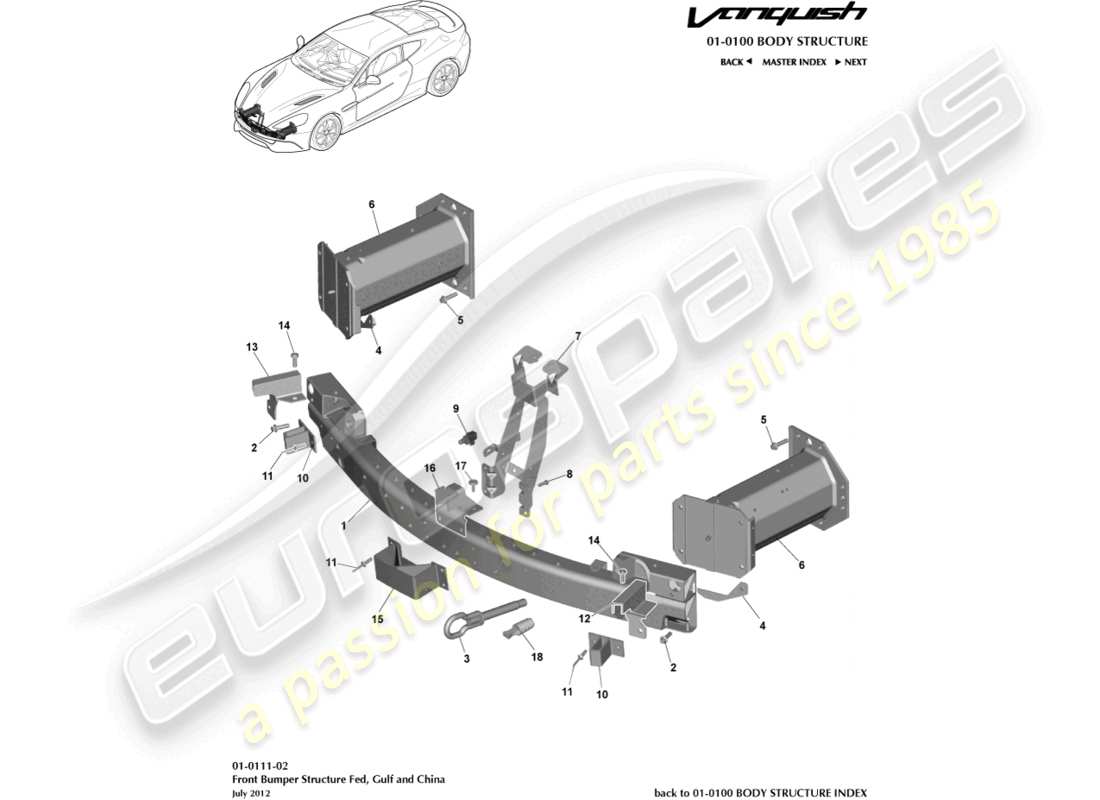aston martin vanquish (2017) paraurti anteriore struttura, diagramma delle parti federali