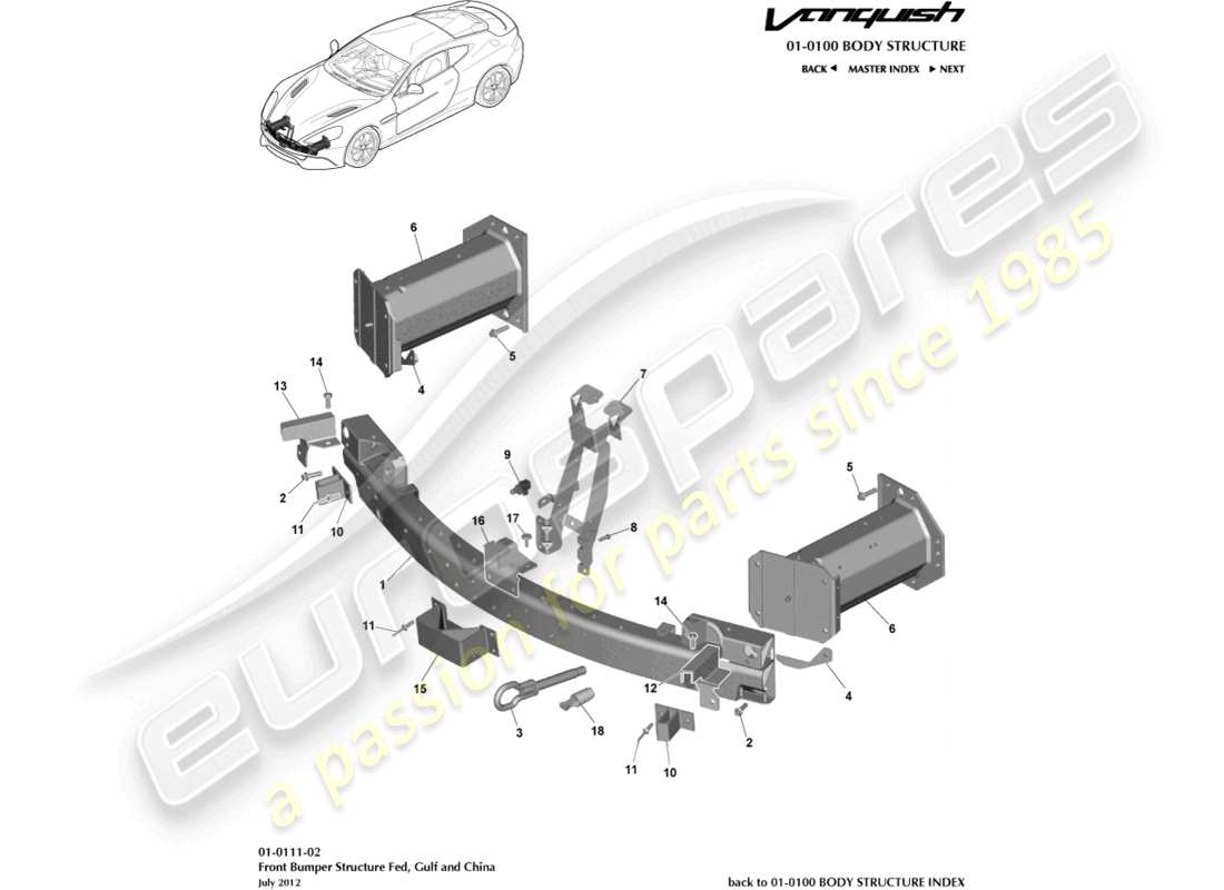 aston martin vanquish (2017) struttura del paraurti anteriore, diagramma della parte federale