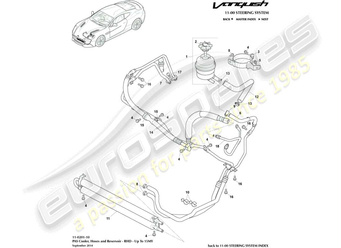 aston martin vanquish (2017) tubi pas, diagramma delle parti da rhd a 15my