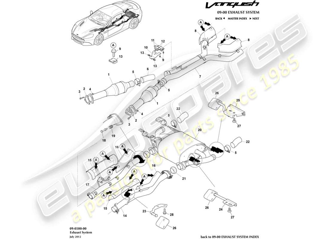 aston martin vanquish (2017) diagramma delle parti del sistema di scarico