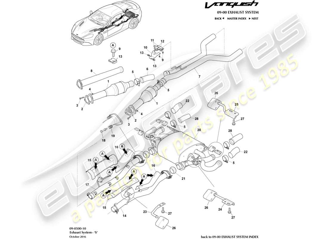 aston martin vanquish (2017) sistema di scarico, schema delle parti s